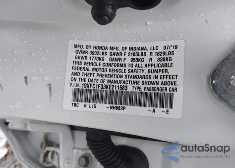 2019 Honda Civic Ex from USA, damaged, VIN 19XFC1F33KE211583